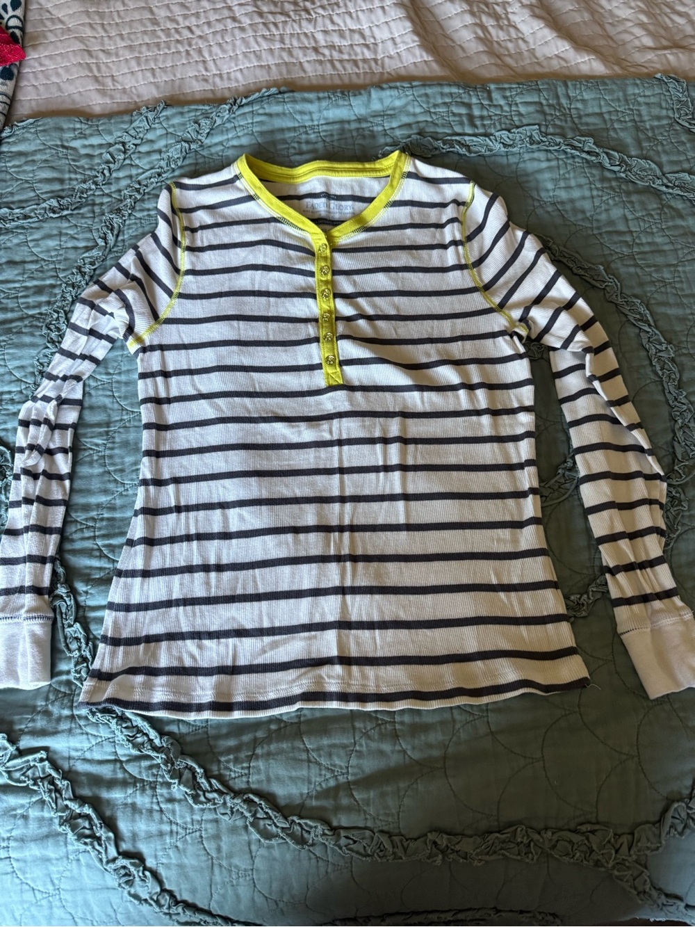 Faded Glory White & Navy Striped Long-Sleeve Henley with Neon Yellow Trim